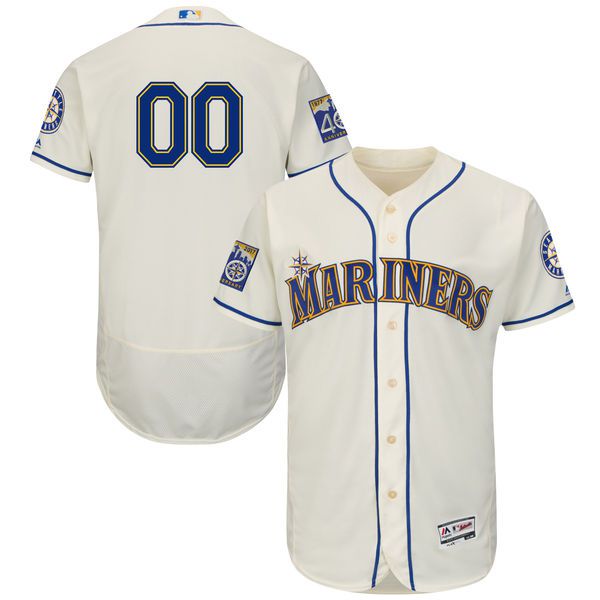 Men Seattle Mariners Majestic Alternate Cream 2017 Authentic Flex Base Custom MLB Jersey with Commemorative Patch